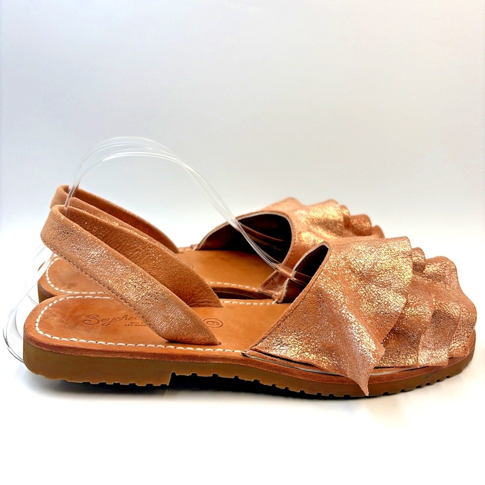 Seychelles Rose Gold Frill Metallic Leather Sandals Summer Slip On Flats Size 9 - Picture 8 of 14